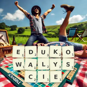 Kreatywna ilustracja do gry w Scrabble ze słowem EDUKOWALYSCIE ułożonym z płytek na planszy.