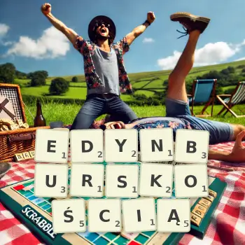 Kreatywna ilustracja do gry w Scrabble ze słowem EDYNBURSKOŚCIĄ ułożonym z płytek na planszy.