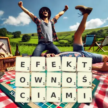 Kreatywna ilustracja do gry w Scrabble ze słowem EFEKTOWNOŚCIAMI ułożonym z płytek na planszy.