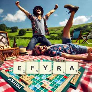 Kreatywna ilustracja do gry w Scrabble ze słowem EFYRA ułożonym z płytek na planszy.