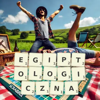 Kreatywna ilustracja do gry w Scrabble ze słowem EGIPTOLOGICZNA ułożonym z płytek na planszy.