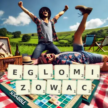 Kreatywna ilustracja do gry w Scrabble ze słowem EGLOMIZOWAC ułożonym z płytek na planszy.