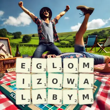 Kreatywna ilustracja do gry w Scrabble ze słowem EGLOMIZOWALABYM ułożonym z płytek na planszy.