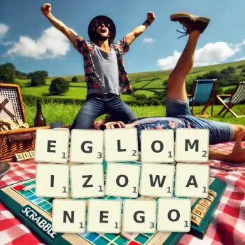 Kreatywna ilustracja do gry w Scrabble ze słowem EGLOMIZOWANEGO ułożonym z płytek na planszy.