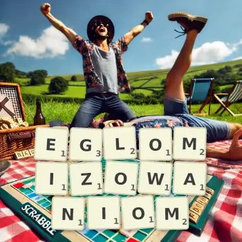 Kreatywna ilustracja do gry w Scrabble ze słowem EGLOMIZOWANIOM ułożonym z płytek na planszy.