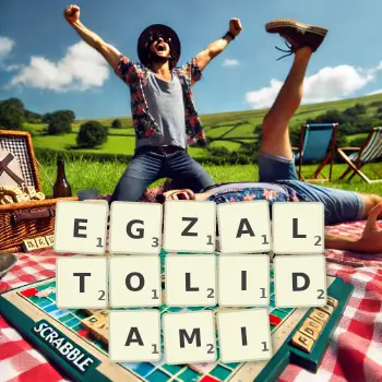 Kreatywna ilustracja do gry w Scrabble ze słowem EGZALTOLIDAMI ułożonym z płytek na planszy.