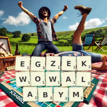 Kreatywna ilustracja do gry w Scrabble ze słowem EGZEKWOWALABYM ułożonym z płytek na planszy.