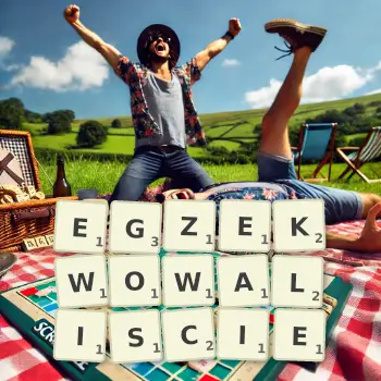 Kreatywna ilustracja do gry w Scrabble ze słowem EGZEKWOWALISCIE ułożonym z płytek na planszy.