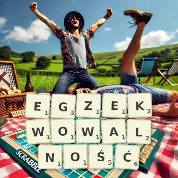 Kreatywna ilustracja do gry w Scrabble ze słowem EGZEKWOWALNOŚĆ ułożonym z płytek na planszy.