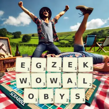 Kreatywna ilustracja do gry w Scrabble ze słowem EGZEKWOWALOBYS ułożonym z płytek na planszy.