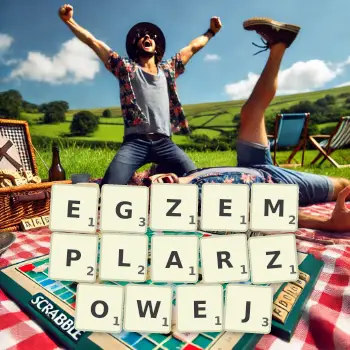 Kreatywna ilustracja do gry w Scrabble ze słowem EGZEMPLARZOWEJ ułożonym z płytek na planszy.