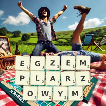 Kreatywna ilustracja do gry w Scrabble ze słowem EGZEMPLARZOWYM ułożonym z płytek na planszy.