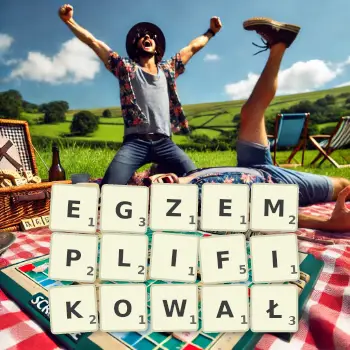 Kreatywna ilustracja do gry w Scrabble ze słowem EGZEMPLIFIKOWAŁ ułożonym z płytek na planszy.