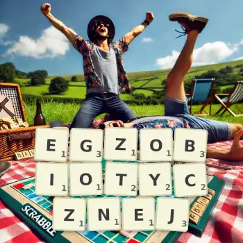 Kreatywna ilustracja do gry w Scrabble ze słowem EGZOBIOTYCZNEJ ułożonym z płytek na planszy.