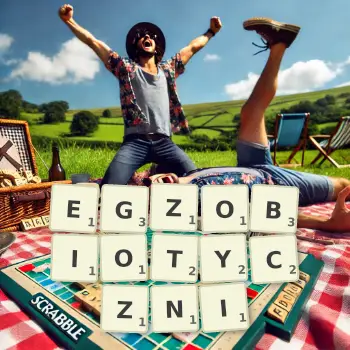 Kreatywna ilustracja do gry w Scrabble ze słowem EGZOBIOTYCZNI ułożonym z płytek na planszy.