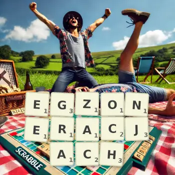 Kreatywna ilustracja do gry w Scrabble ze słowem EGZONERACJACH ułożonym z płytek na planszy.