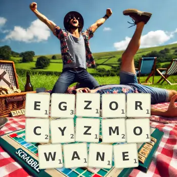 Kreatywna ilustracja do gry w Scrabble ze słowem EGZORCYZMOWANE ułożonym z płytek na planszy.