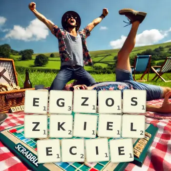 Kreatywna ilustracja do gry w Scrabble ze słowem EGZOSZKIELECIE ułożonym z płytek na planszy.
