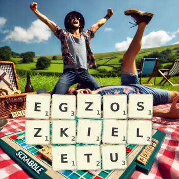 Kreatywna ilustracja do gry w Scrabble ze słowem EGZOSZKIELETU ułożonym z płytek na planszy.