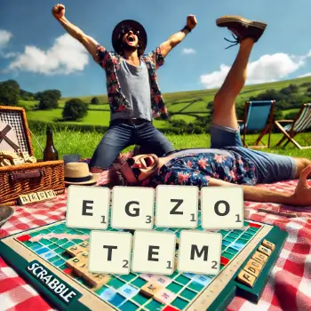 Kreatywna ilustracja do gry w Scrabble ze słowem EGZOTEM ułożonym z płytek na planszy.