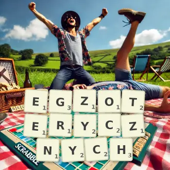 Kreatywna ilustracja do gry w Scrabble ze słowem EGZOTERYCZNYCH ułożonym z płytek na planszy.