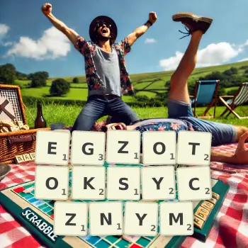 Kreatywna ilustracja do gry w Scrabble ze słowem EGZOTOKSYCZNYM ułożonym z płytek na planszy.