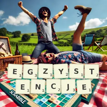 Kreatywna ilustracja do gry w Scrabble ze słowem EGZYSTENCJE ułożonym z płytek na planszy.