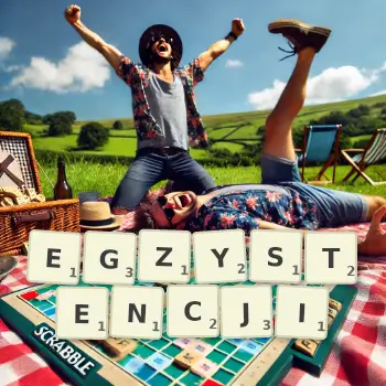Kreatywna ilustracja do gry w Scrabble ze słowem EGZYSTENCJI ułożonym z płytek na planszy.