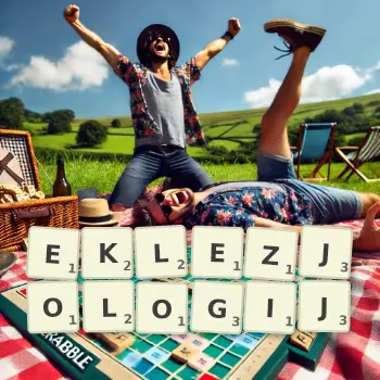 Kreatywna ilustracja do gry w Scrabble ze słowem EKLEZJOLOGIJ ułożonym z płytek na planszy.