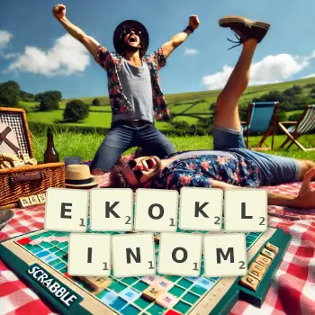 Kreatywna ilustracja do gry w Scrabble ze słowem EKOKLINOM ułożonym z płytek na planszy.
