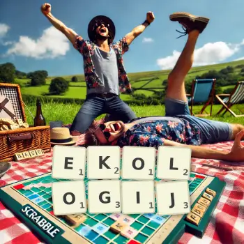 Kreatywna ilustracja do gry w Scrabble ze słowem EKOLOGIJ ułożonym z płytek na planszy.