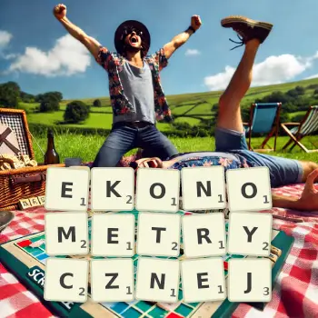 Kreatywna ilustracja do gry w Scrabble ze słowem EKONOMETRYCZNEJ ułożonym z płytek na planszy.