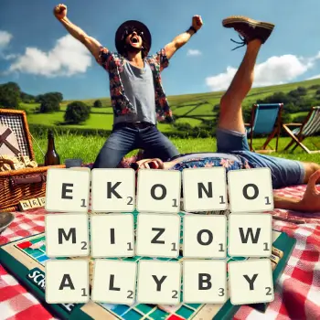 Kreatywna ilustracja do gry w Scrabble ze słowem EKONOMIZOWALYBY ułożonym z płytek na planszy.