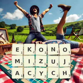 Kreatywna ilustracja do gry w Scrabble ze słowem EKONOMIZUJACYCH ułożonym z płytek na planszy.