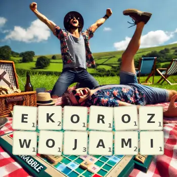 Kreatywna ilustracja do gry w Scrabble ze słowem EKOROZWOJAMI ułożonym z płytek na planszy.