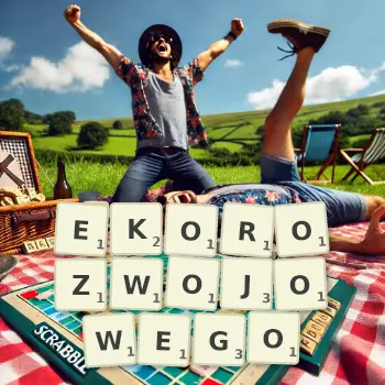 Kreatywna ilustracja do gry w Scrabble ze słowem EKOROZWOJOWEGO ułożonym z płytek na planszy.