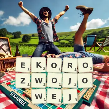 Kreatywna ilustracja do gry w Scrabble ze słowem EKOROZWOJOWEJ ułożonym z płytek na planszy.