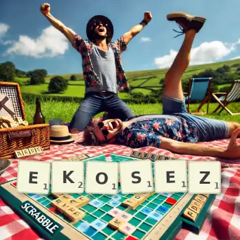 Kreatywna ilustracja do gry w Scrabble ze słowem EKOSEZ ułożonym z płytek na planszy.