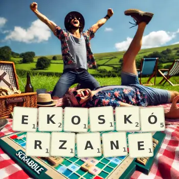 Kreatywna ilustracja do gry w Scrabble ze słowem EKOSKÓRZANE ułożonym z płytek na planszy.