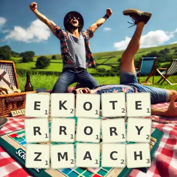 Kreatywna ilustracja do gry w Scrabble ze słowem EKOTERRORYZMACH ułożonym z płytek na planszy.