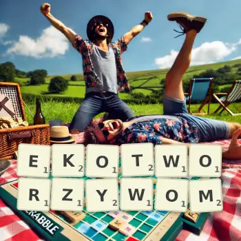 Kreatywna ilustracja do gry w Scrabble ze słowem EKOTWORZYWOM ułożonym z płytek na planszy.