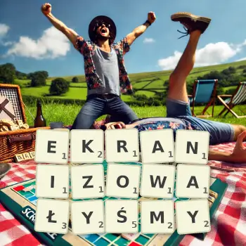 Kreatywna ilustracja do gry w Scrabble ze słowem EKRANIZOWAŁYŚMY ułożonym z płytek na planszy.