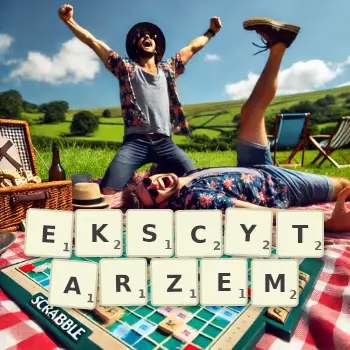 Kreatywna ilustracja do gry w Scrabble ze słowem EKSCYTARZEM ułożonym z płytek na planszy.