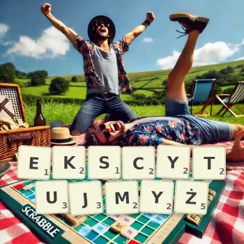 Kreatywna ilustracja do gry w Scrabble ze słowem EKSCYTUJMYŻ ułożonym z płytek na planszy.