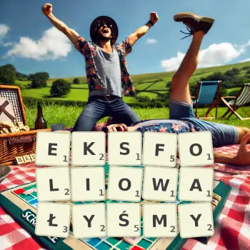 Kreatywna ilustracja do gry w Scrabble ze słowem EKSFOLIOWAŁYŚMY ułożonym z płytek na planszy.
