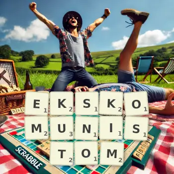 Kreatywna ilustracja do gry w Scrabble ze słowem EKSKOMUNISTOM ułożonym z płytek na planszy.