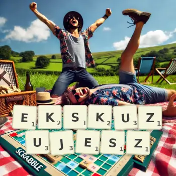 Kreatywna ilustracja do gry w Scrabble ze słowem EKSKUZUJESZ ułożonym z płytek na planszy.