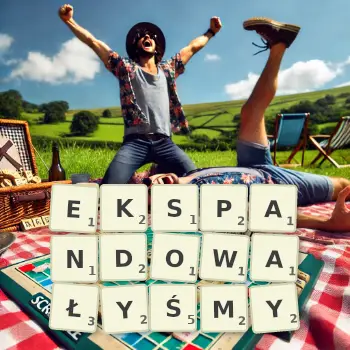 Kreatywna ilustracja do gry w Scrabble ze słowem EKSPANDOWAŁYŚMY ułożonym z płytek na planszy.