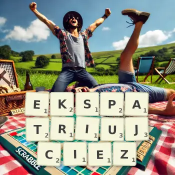 Kreatywna ilustracja do gry w Scrabble ze słowem EKSPATRIUJCIEZ ułożonym z płytek na planszy.