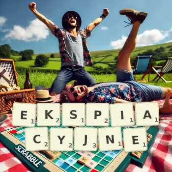 Kreatywna ilustracja do gry w Scrabble ze słowem EKSPIACYJNE ułożonym z płytek na planszy.